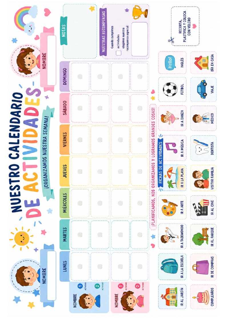 Calendario semanal de actividades para compartir entre hermanos
